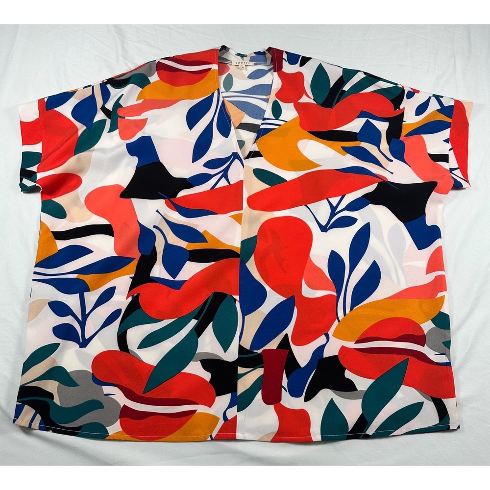 Jodifl Womens Havana Abstract Floral V-Neck Blouse Multi-Color Boxy Top Small